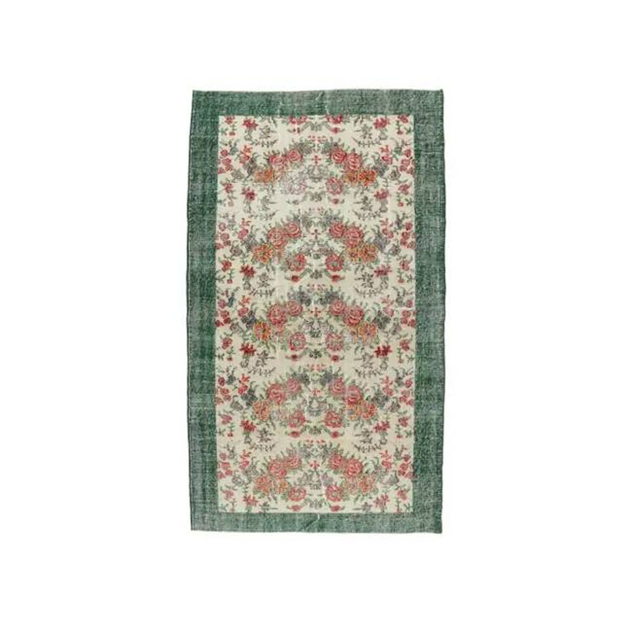 Turkish  Oushak vintage hand-knotted floral green rugs bordered 176x205