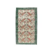 Turkish  Oushak vintage hand-knotted floral green rugs bordered 176x205