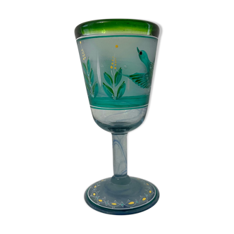 Verre cristal à décors d'oiseaux givré émaux peinture anonyme