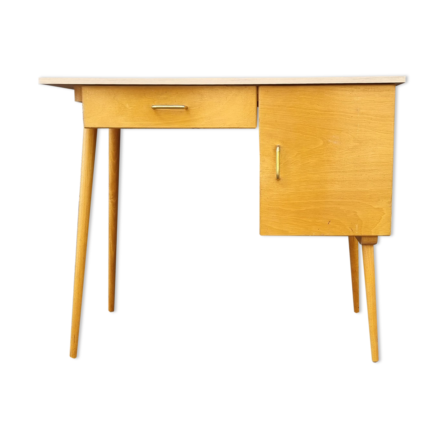 Wood and formica desk, compass feet, vintage, 70s
