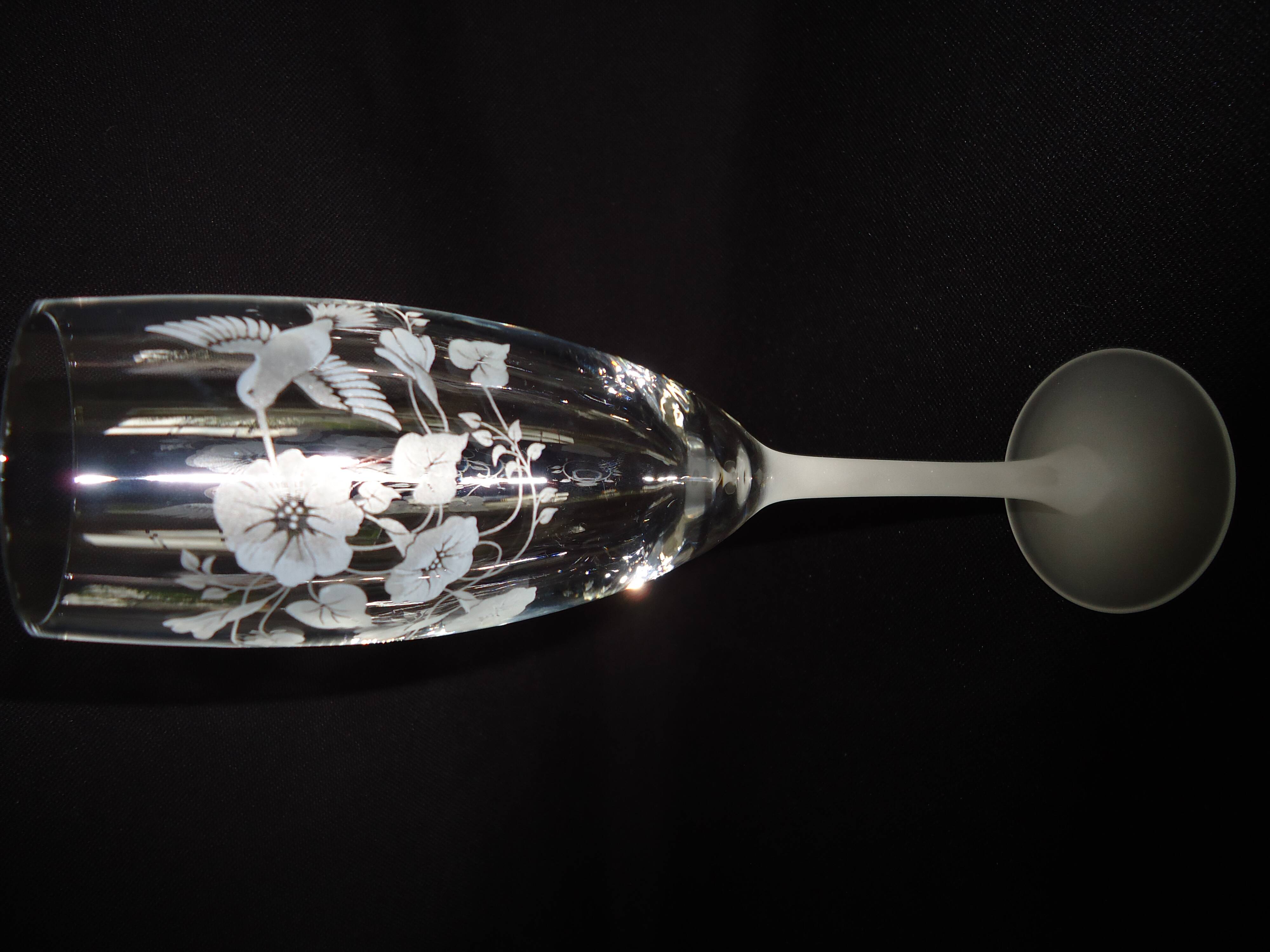 AVON crystal champagne flutes, engraved