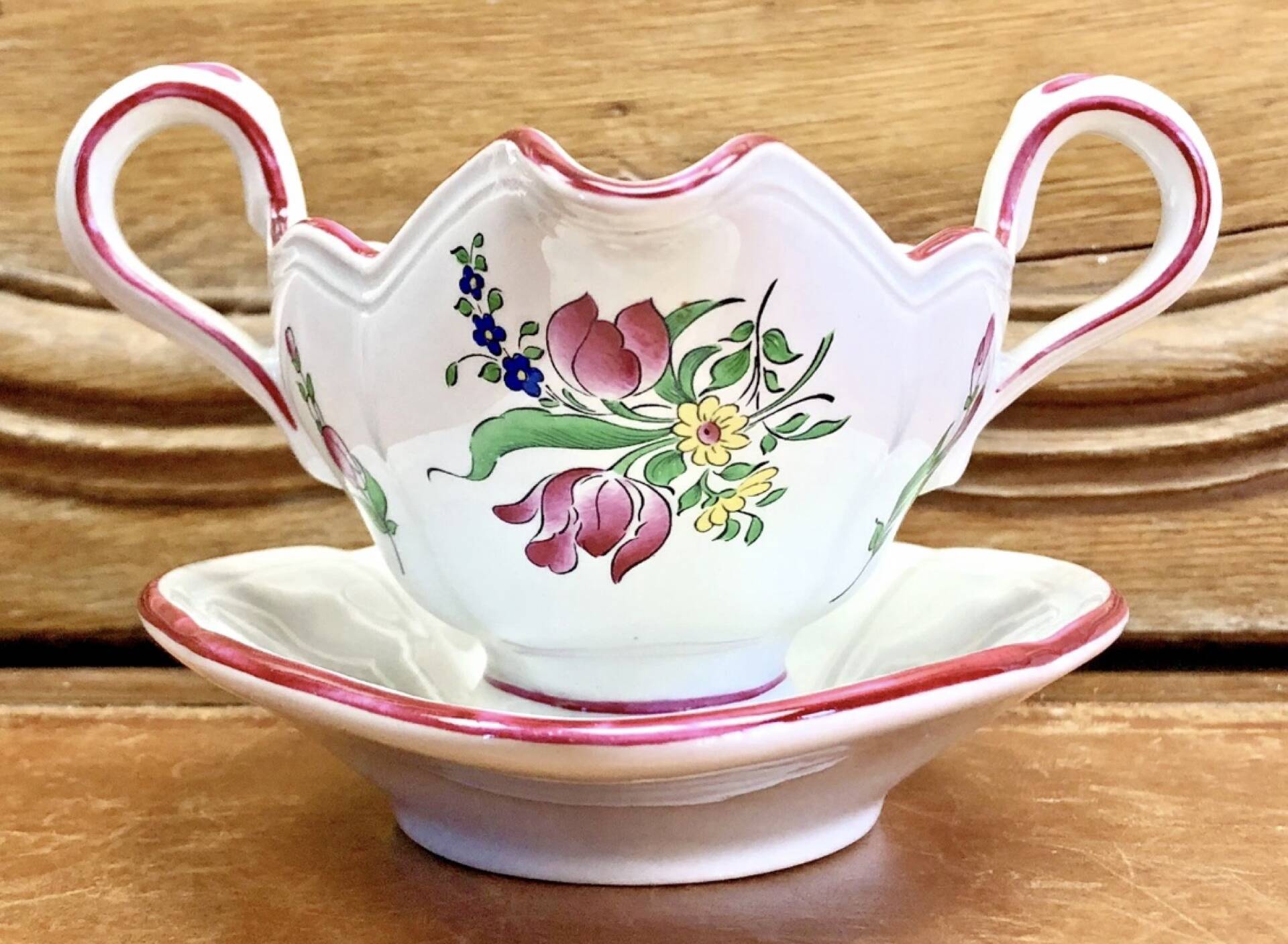 Old sauceboat earthenware Lunéville model lantern pink tulip