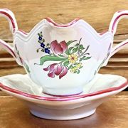 Ancienne saucière faïence Lunéville modèle réverbère rose tulipe