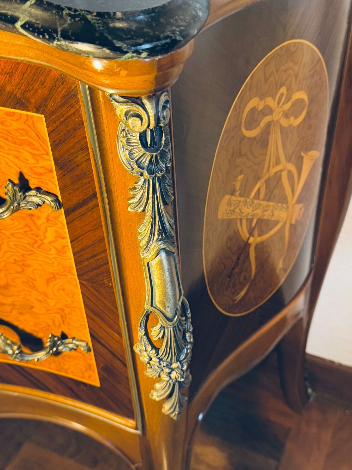 Exquisite Louis XV Style Bombé Commode with Musical Marquetry & Marble