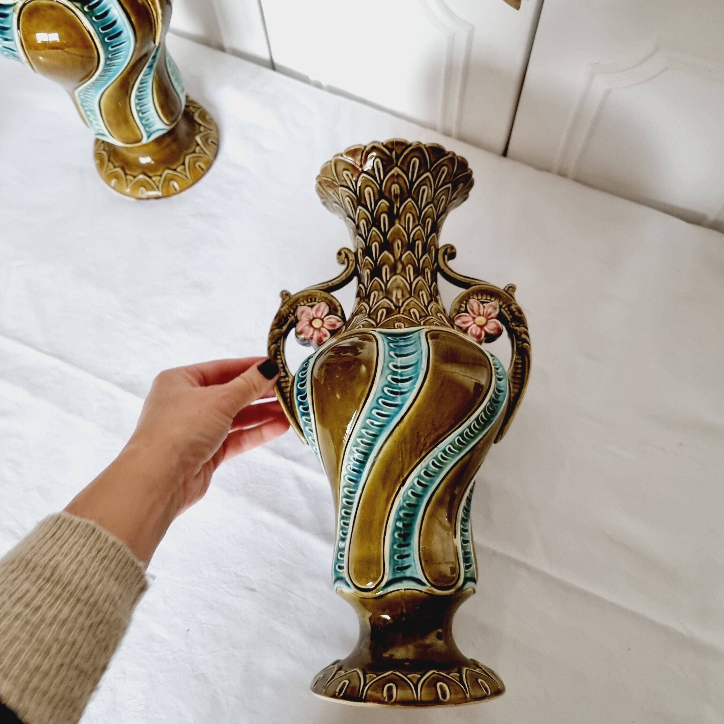 2 Vases from the 1900s-1920s in French Ceramic Onnaing Barbotine Art Nouveau