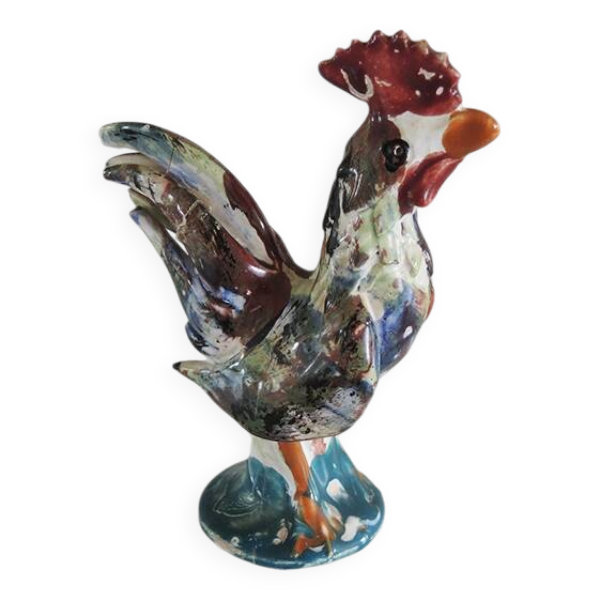 Antique Rooster Figurine in Painted Barbotine