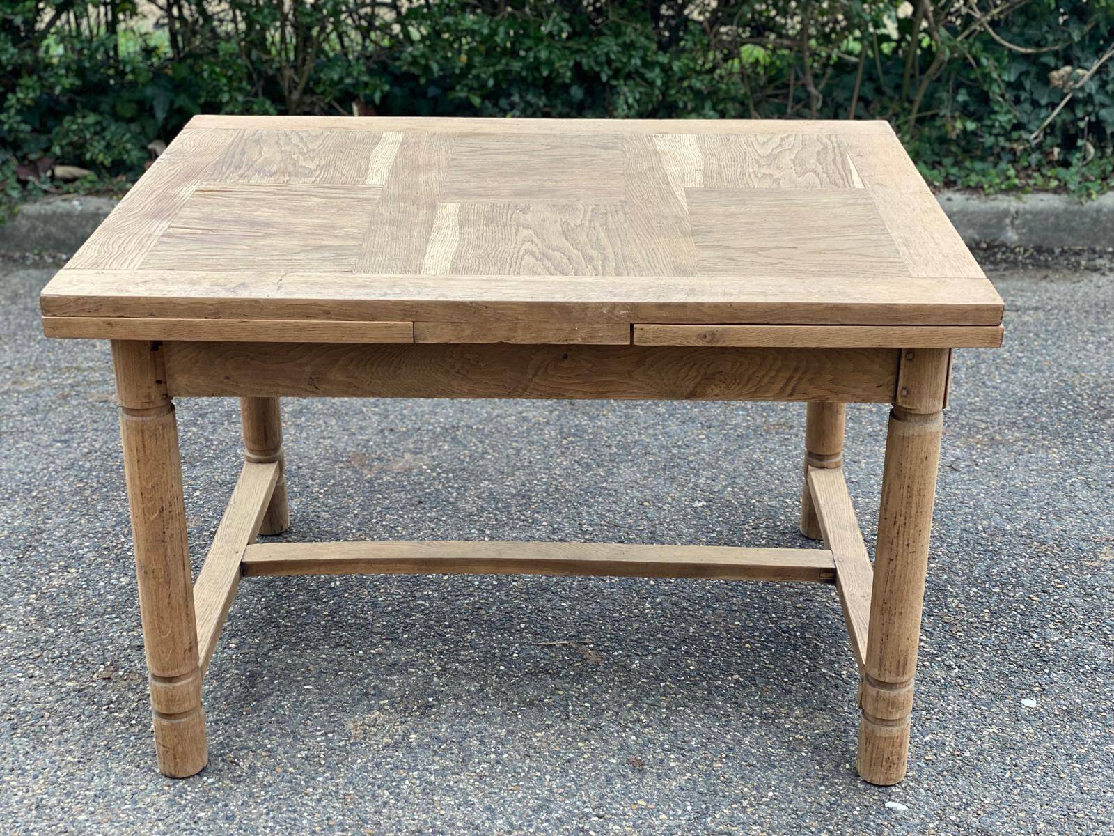 Renovated extendable farmhouse table in raw solid wood and marquetry 210cm