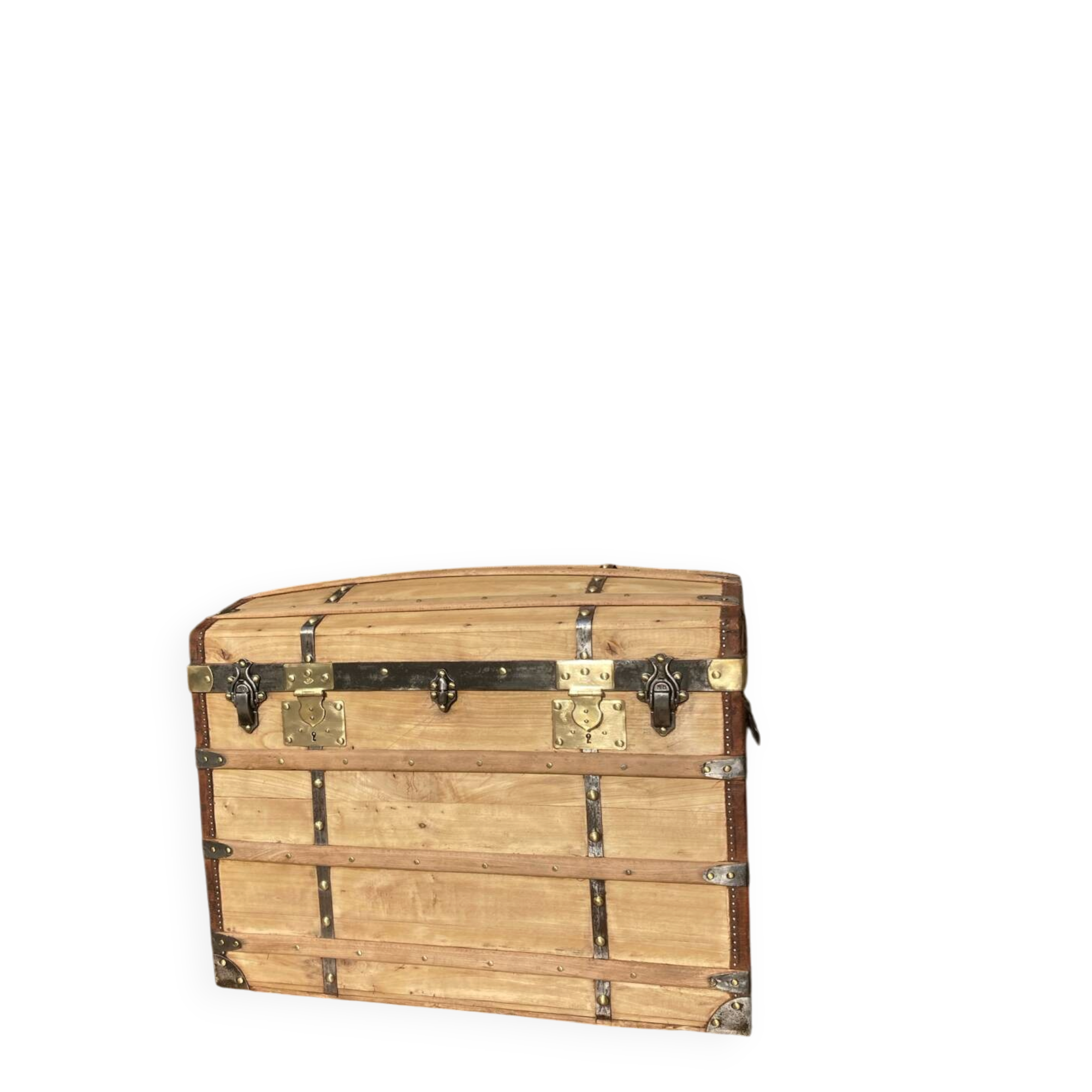 Exceptional curved leather/brass box with beautiful restored clasps.