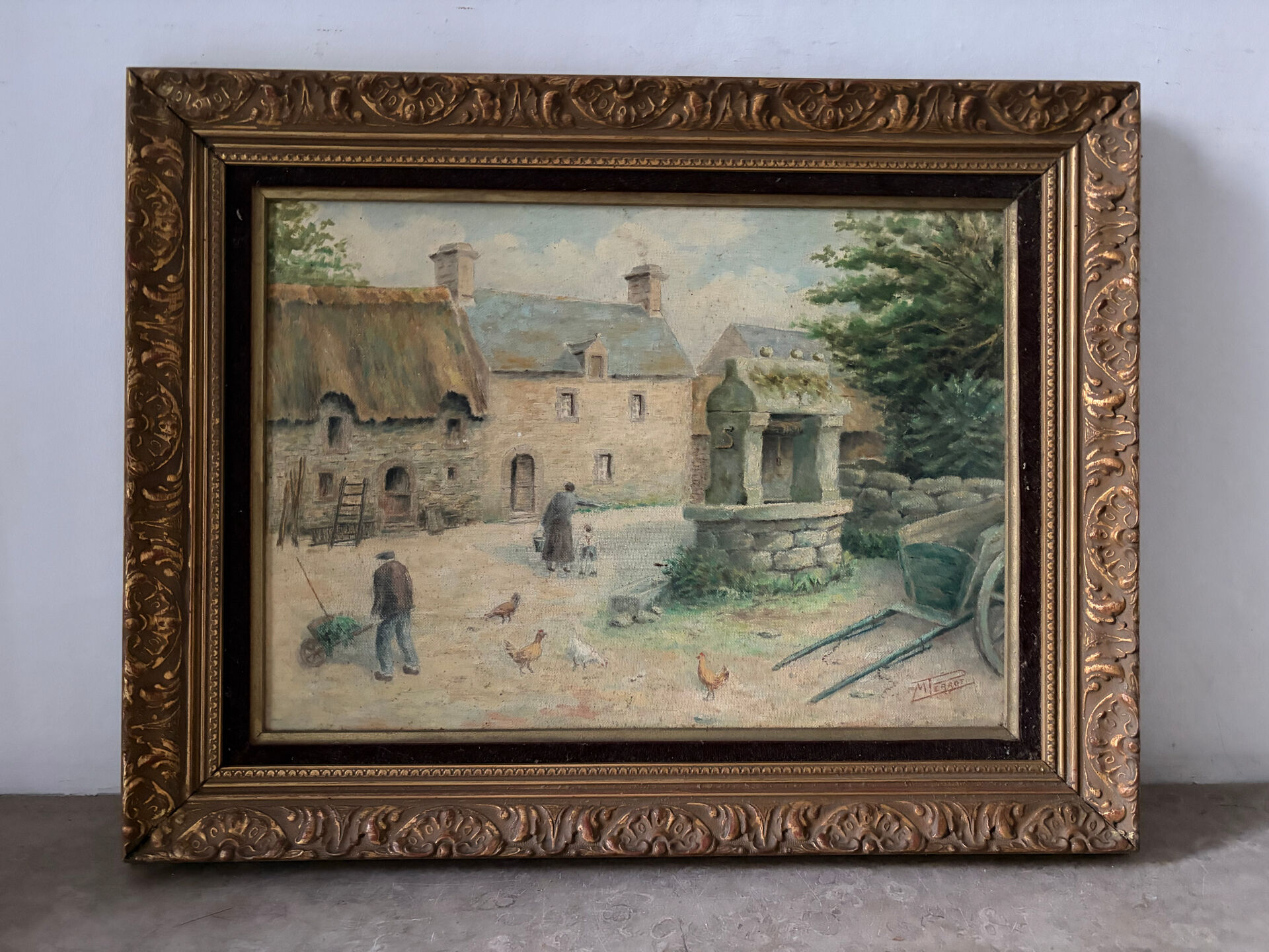 Oil on canvas "Village courtyard with chickens", signed.
