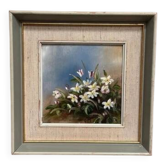 Huile sur panneau de style mi-siècle « Fleurs » par G. Sigrand, vintage et encadrée 24 × 24 cm