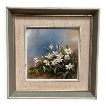 Huile sur panneau de style mi-siècle « Fleurs » par G. Sigrand, vintage et encadrée 24 × 24 cm