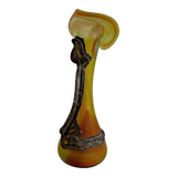 Vase soliflore art nouveau en pate de verre jaune et armature metalique