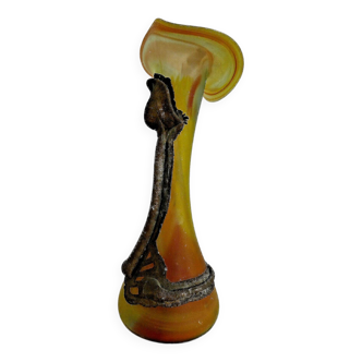 Art nouveau soliflore vase in yellow glass pate and metal frame