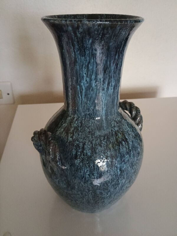 Accolay poterie Yonne - Vase double anse tressé - Grès émaillé bleu gris
