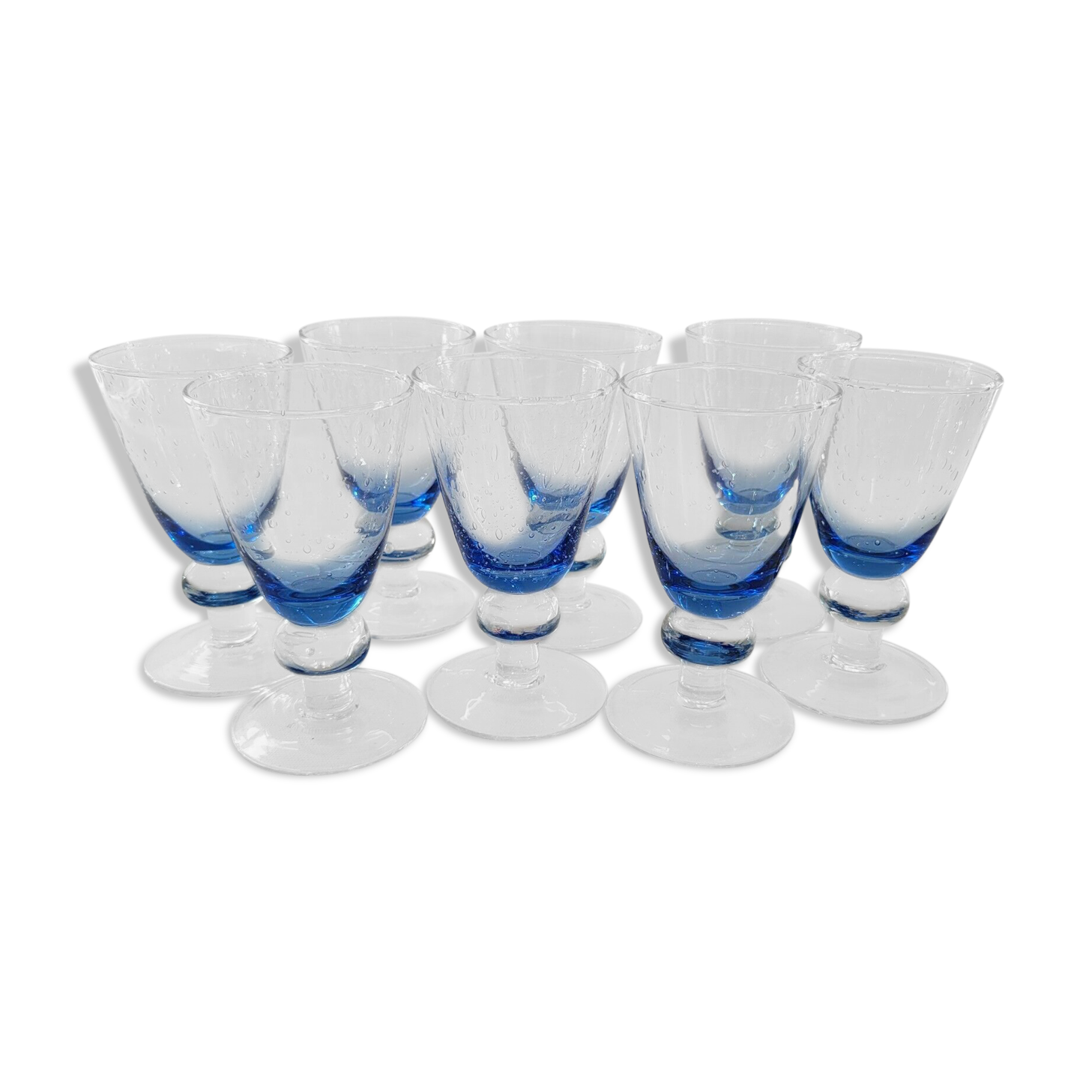 8 vintage blue bubble blown glass walking glasses