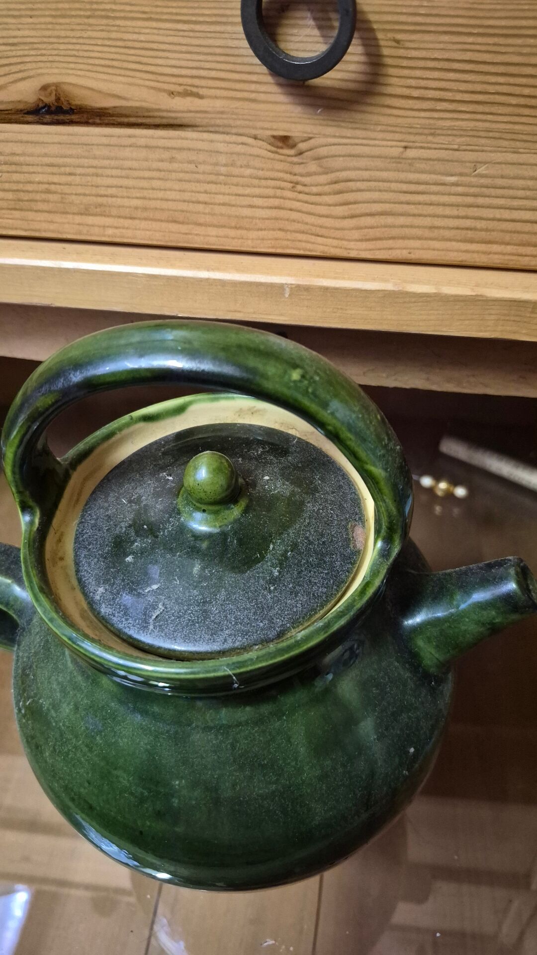 Old green glazed earthenware goat, pottery from Savoie, Broc Verseu.
