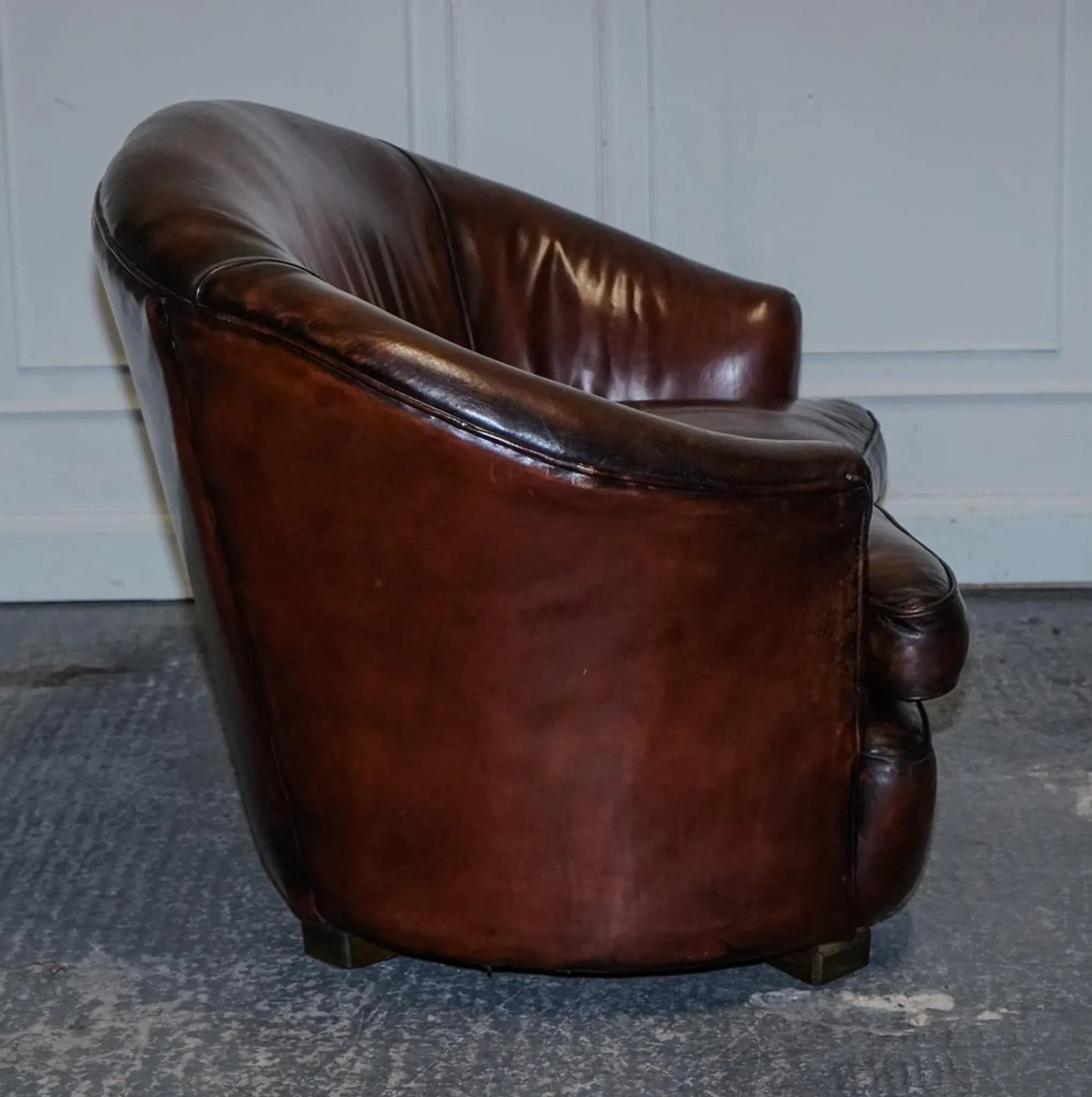 Art Deco Hand-Dyed Whisky Brown Sofa, Armchairs and Ottomans, 1920s, Set of 5