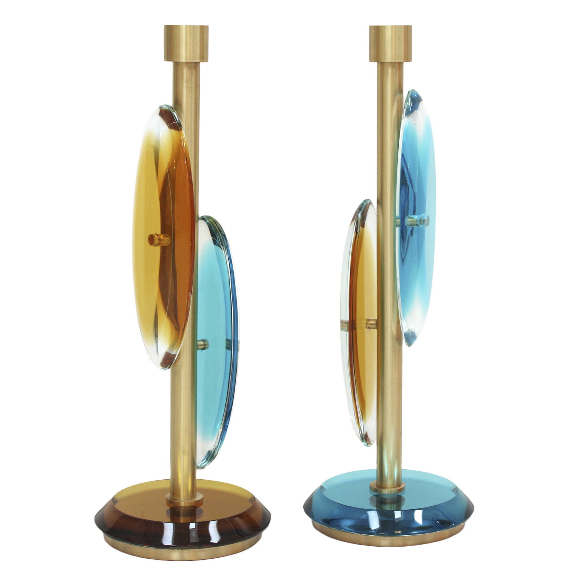 Pair of contemporary Murano glass lamps with a brass structure, made in Italy.