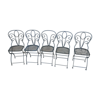 5 foldable garden chairs in wrought iron Epoch 1900