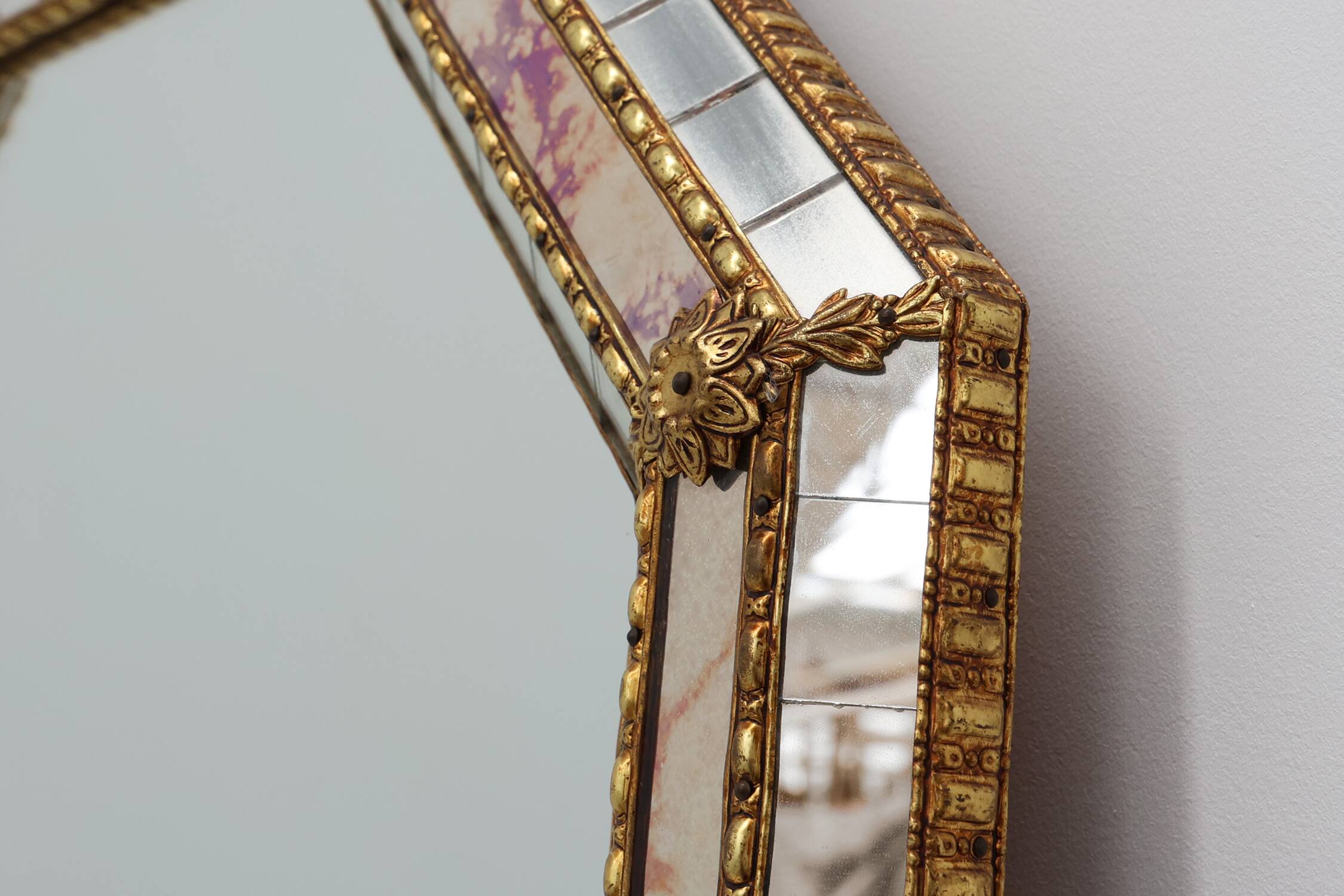 Venetian style octagonal mirror marked MGB, Planilux, Cristanola, Spain