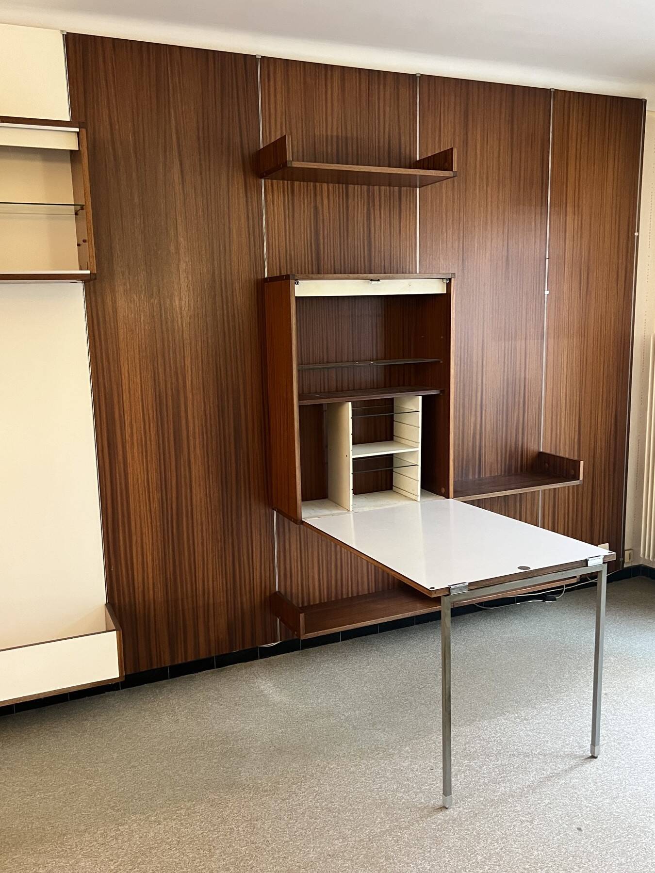 Modular Wall System in Wood Veneer, White Laminate, Glass and