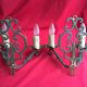 Pair of green wrought iron appliques with golden acanthus leaves
