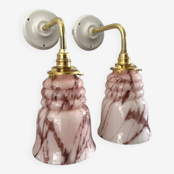 Pair of wall lights in pink marbled opaline