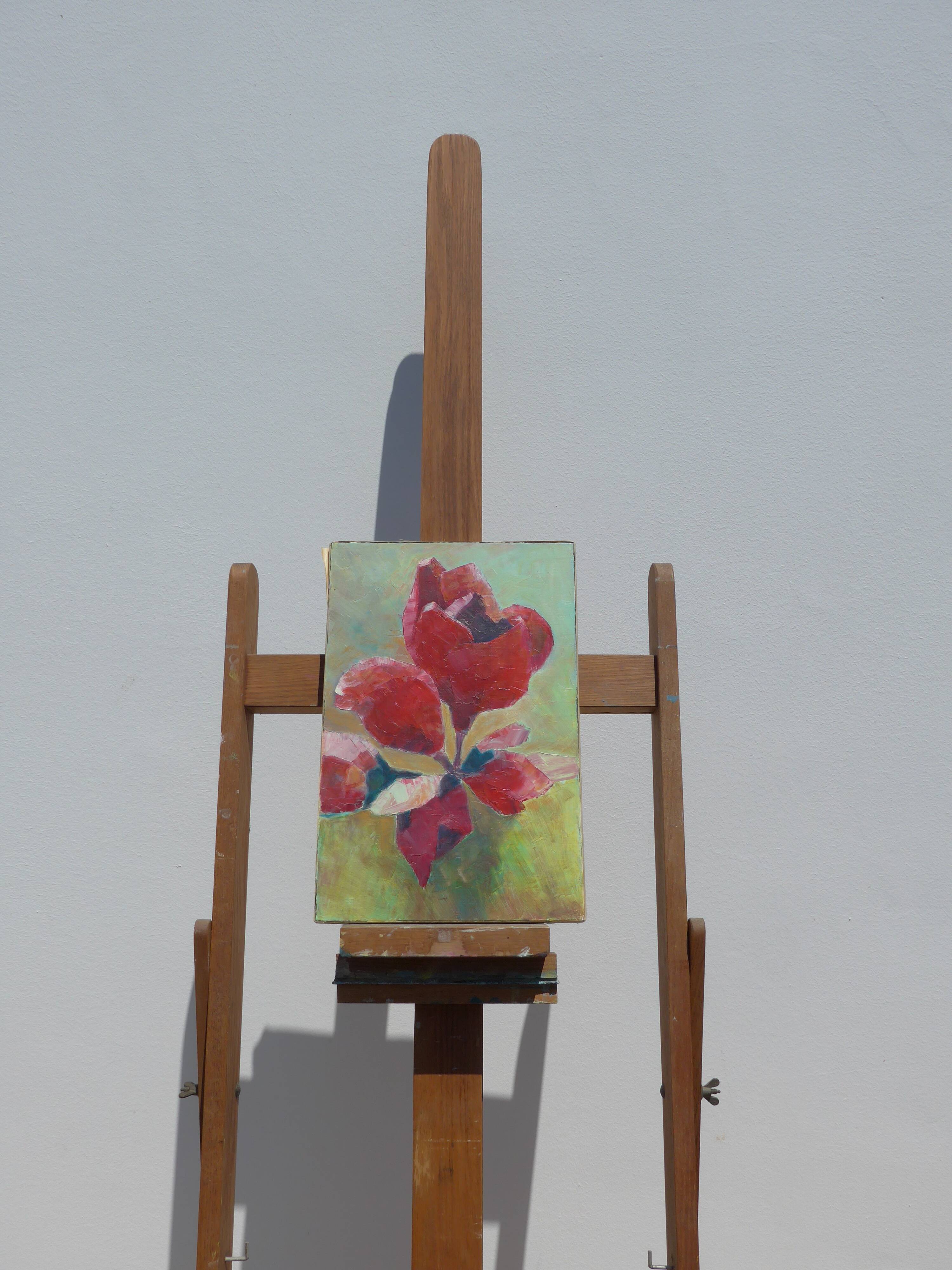 Ancient canvas red flower and fuchsia not signed