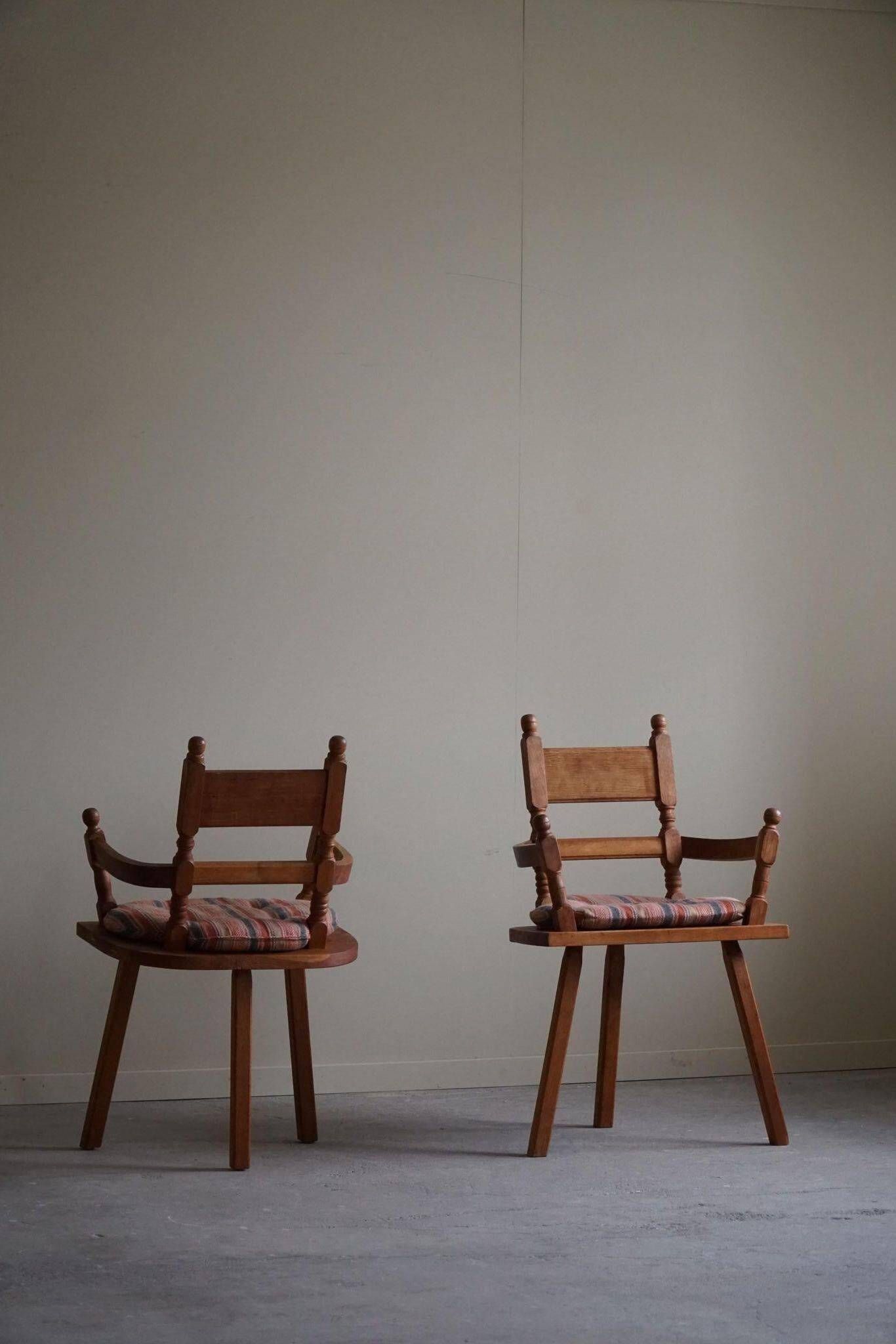 Handcrafted Tripod Armchairs in Oak, by a Danish Cabinetmaker, Folk Art, 1930s