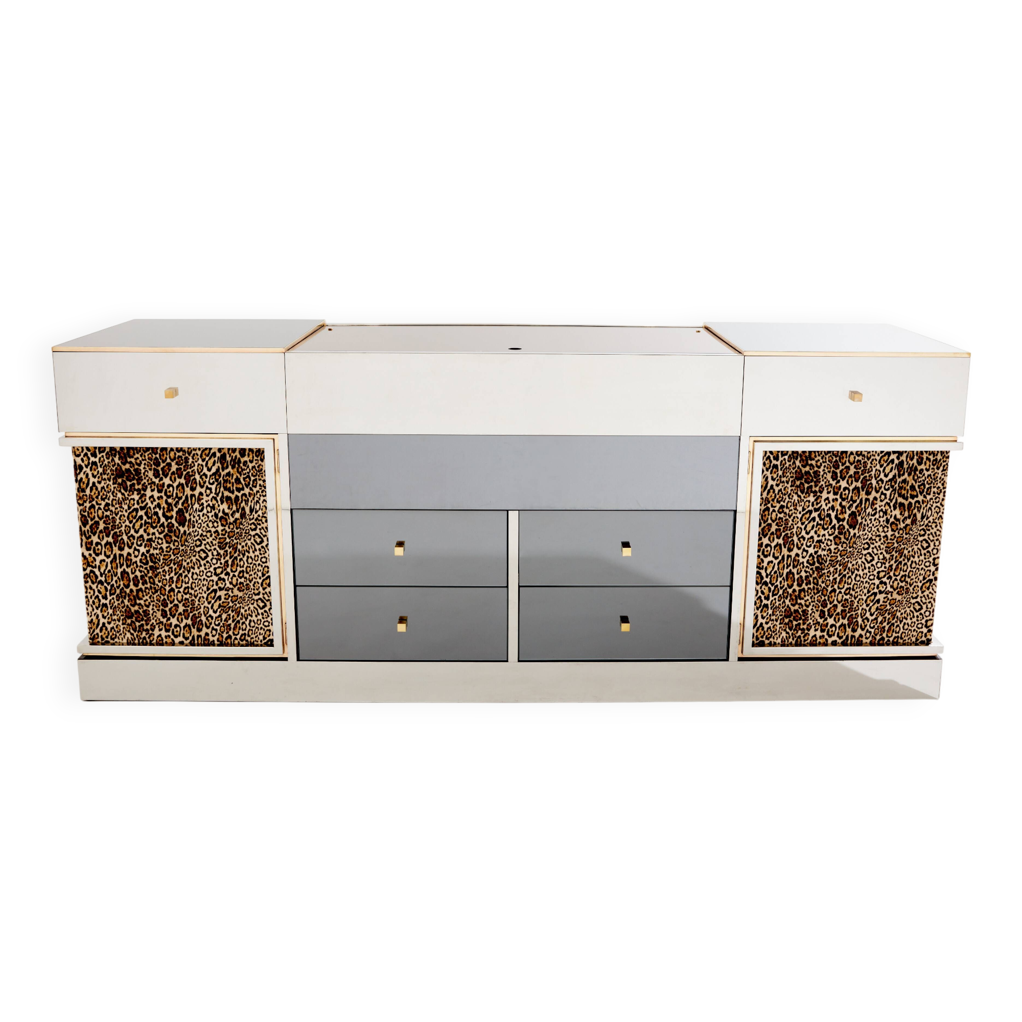 Leopard velvet mirror brass chrome sideboard Michel Pigneres 1969