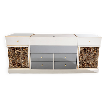 Enfilade laiton chrome miroir velour leopard Michel Pigneres 1969