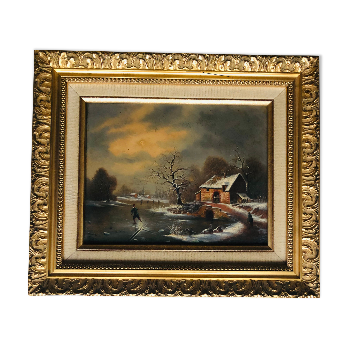 Huile sur toile, paysage d'hiver animé