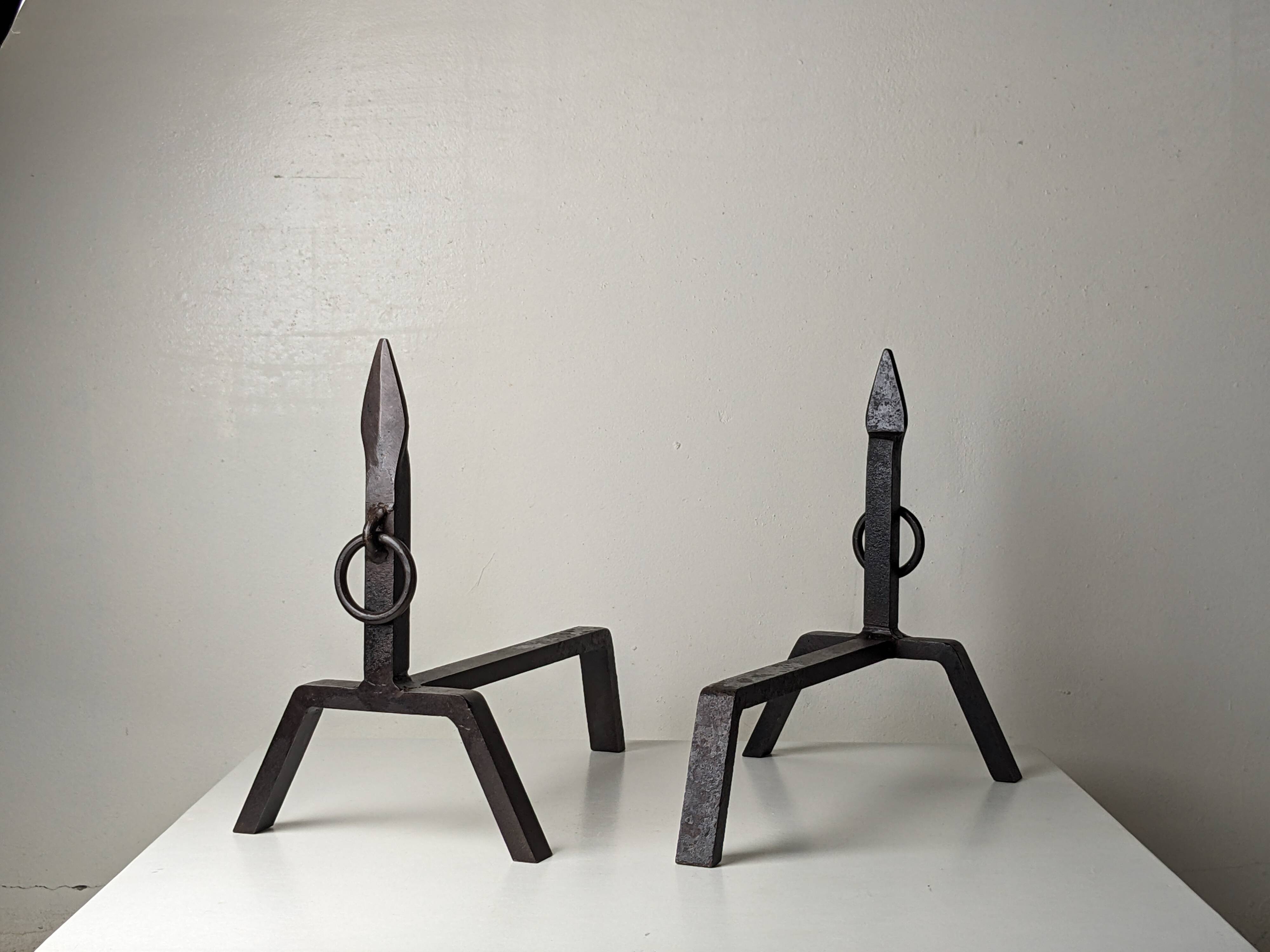 Pair of modernist wrought iron andirons - 1950s