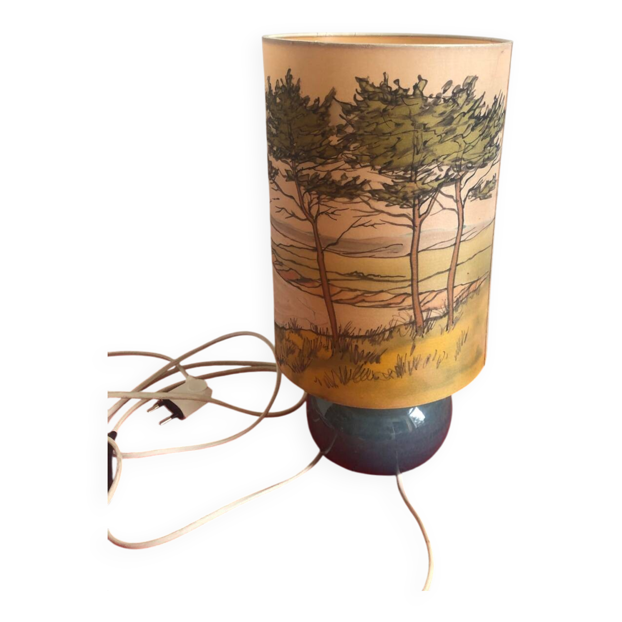 Old ceramic lamp with a silk shade signed Misslen.