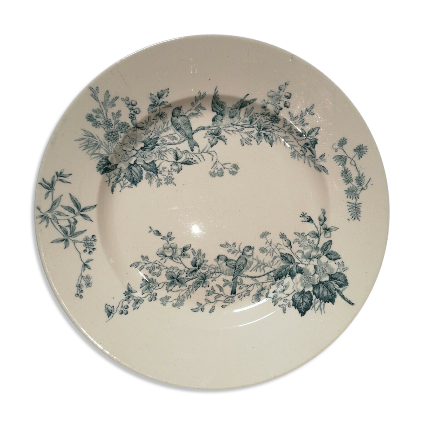 Round dish old earthenware longwy cute birds iron earth ø 28.5 cm