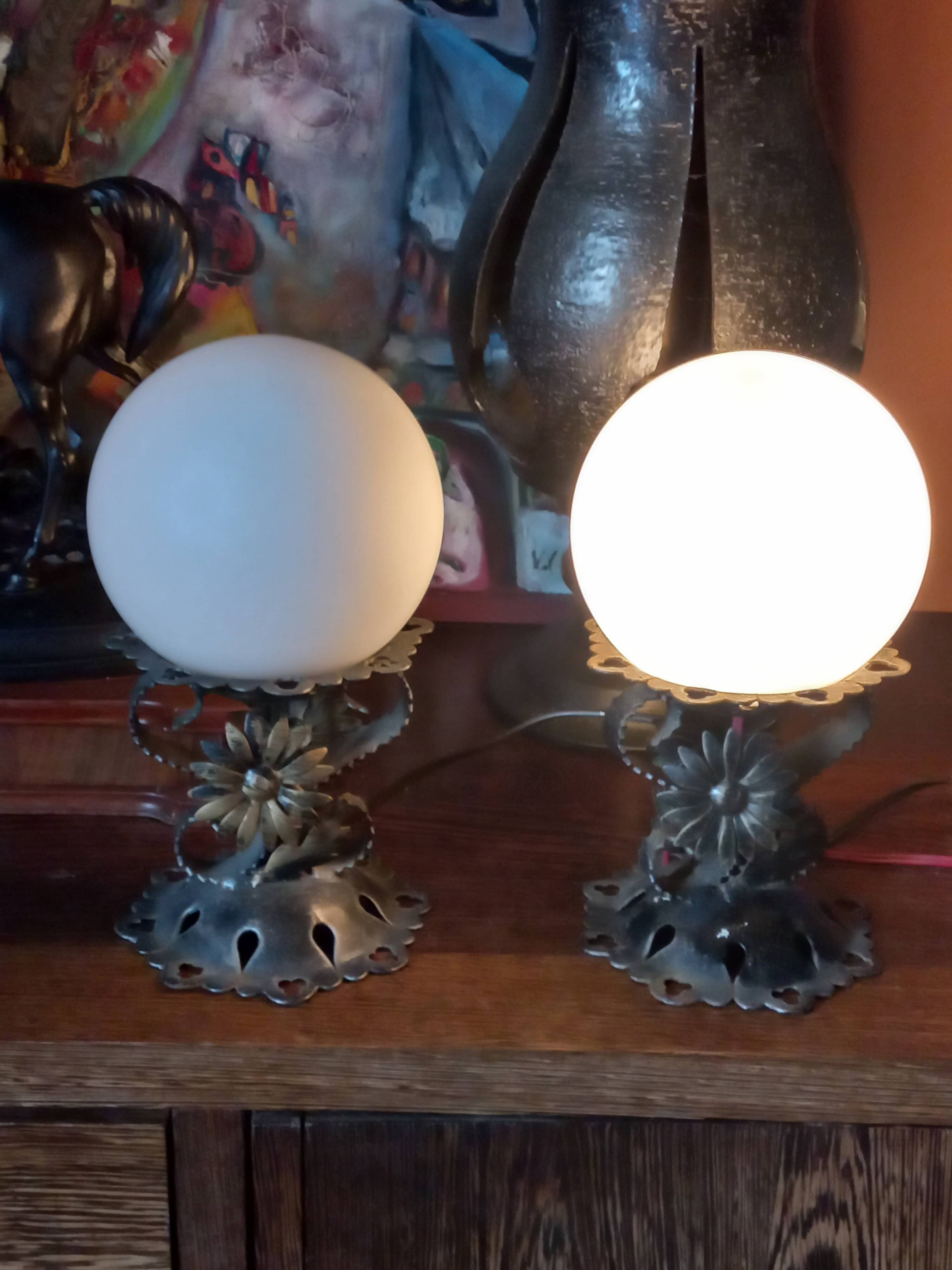 Pair of vintage wrought iron and opaline lamps from the 1960s.