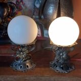 Pair of vintage wrought iron and opaline lamps from the 1960s.