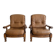 Pair of vintage 1970s armchairs in solid oak and cognac faux leather.