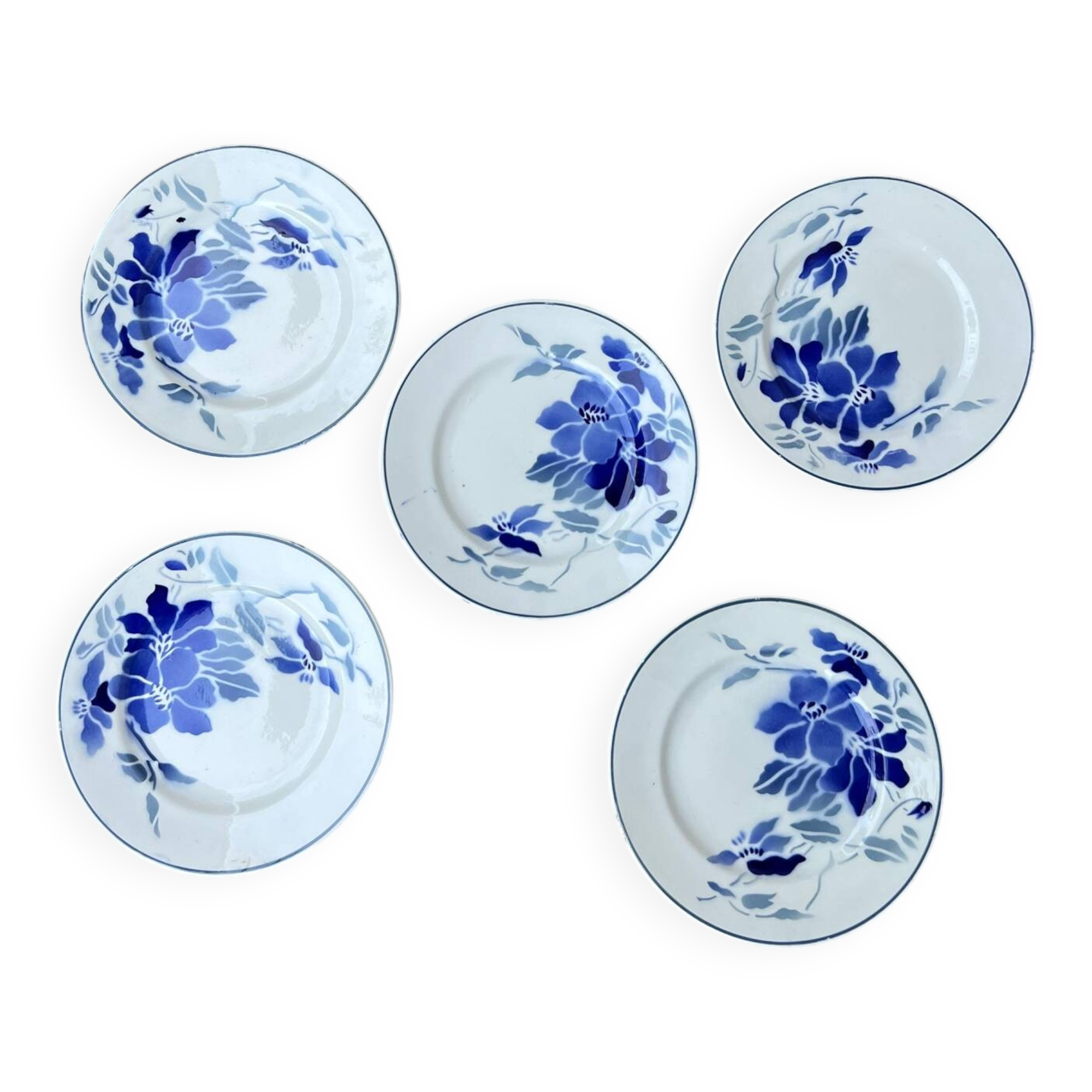 Ensemble assiettes à desserts Faïence de Longchamp Terre de fer fleurs