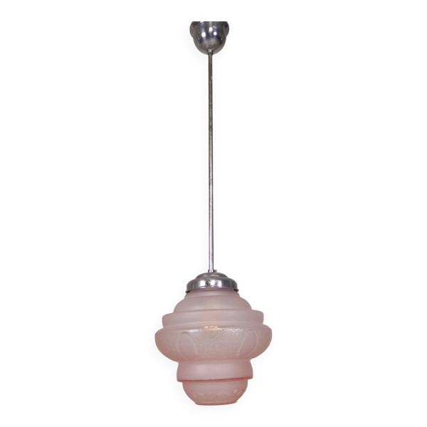 Lampe suspendue Art déco avec abat-jour en verre rose, années 1930