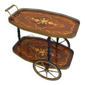 Italian Hollywood Regency marquetry bar cart features intricate floral