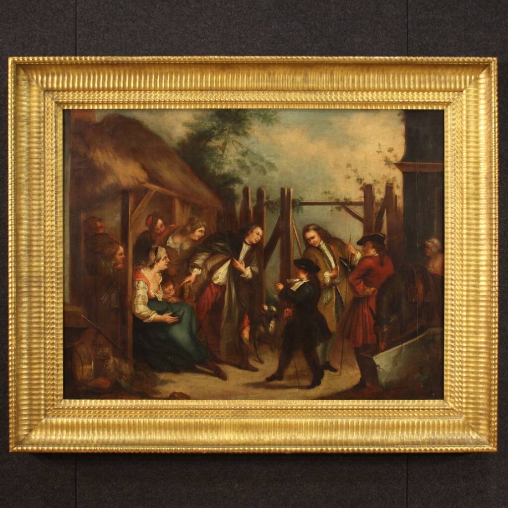English painting oil on canvas genre scene from 18th century
