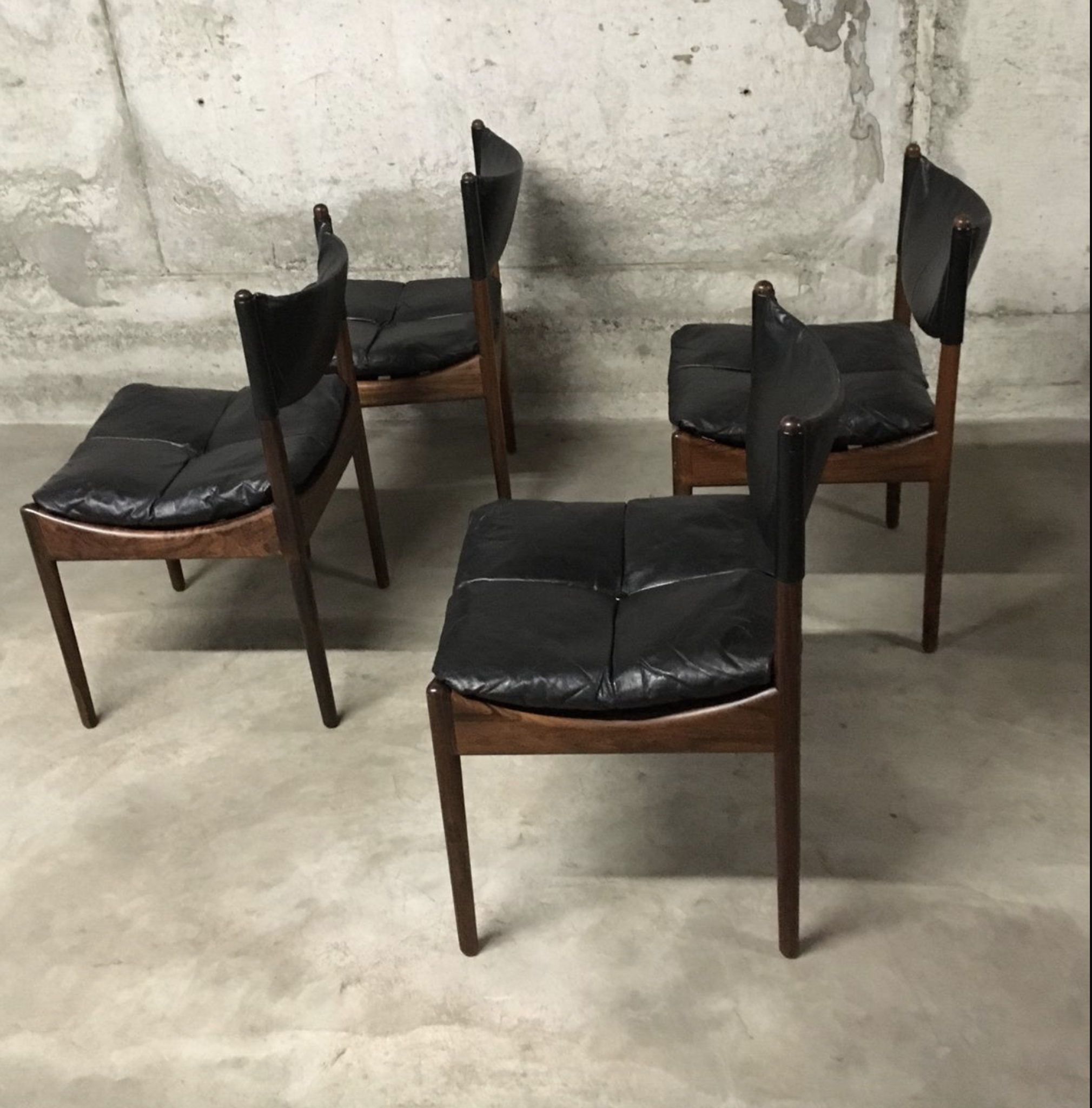 Set of 4 Rio palisander & black leather chairs, Modus model, by Kristian Vedel for Soren Willadsen