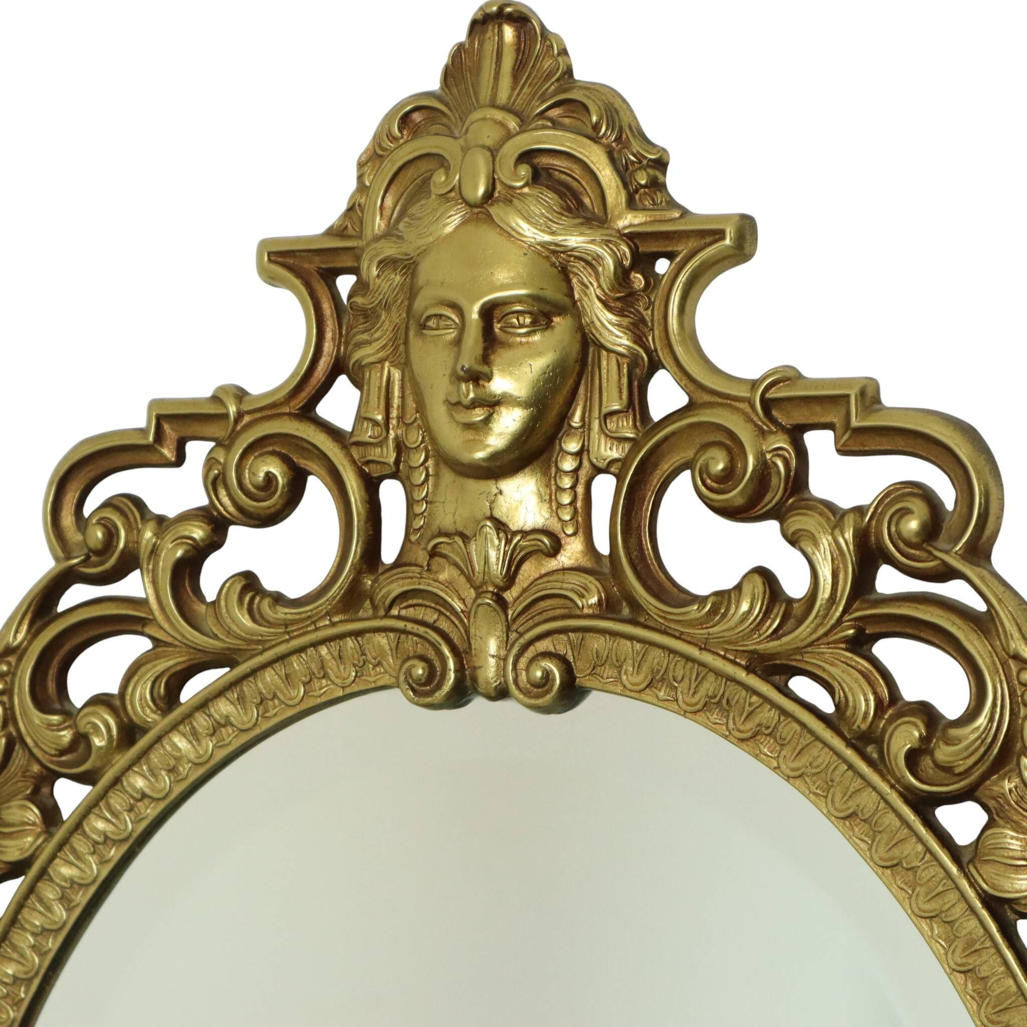 French Brass Crested Mirror Gold Baroque Louis XV Style 1950s