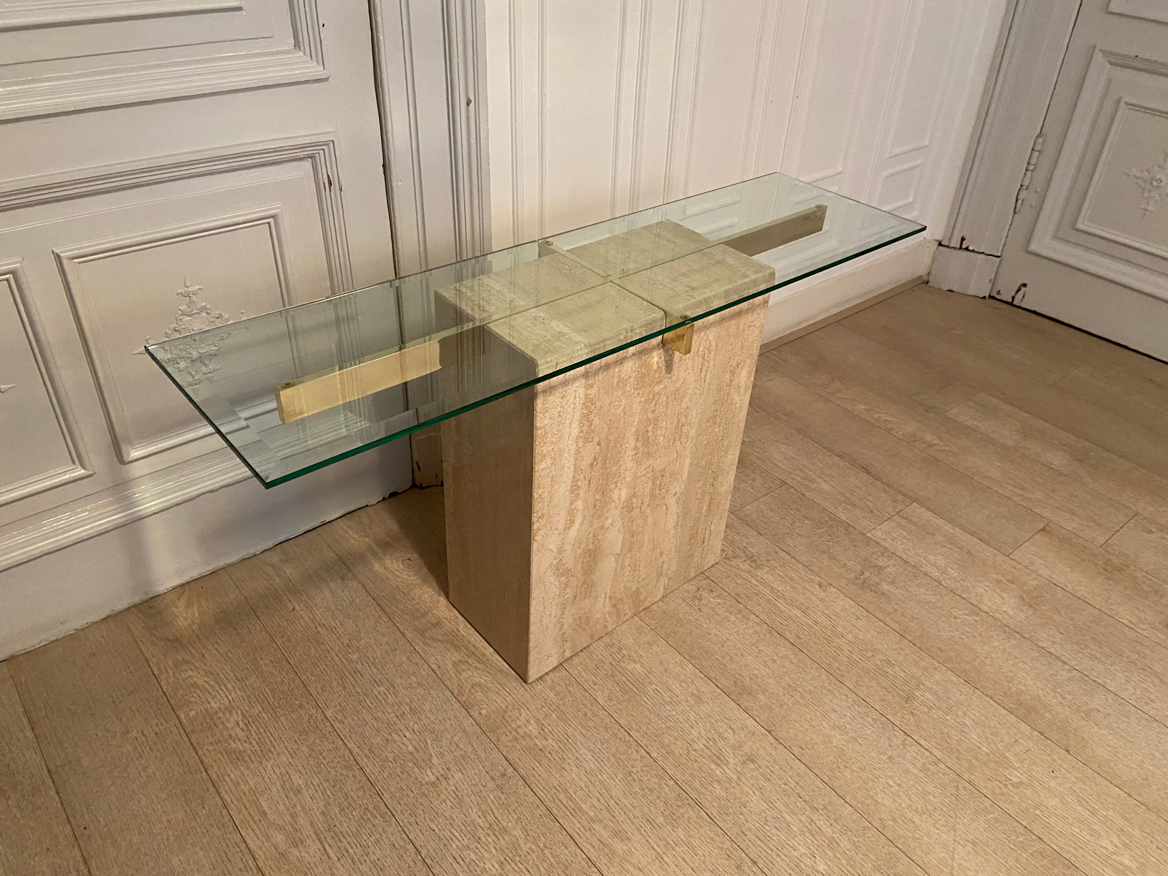 Travertine console and gold metal cross, Italy, 1970s