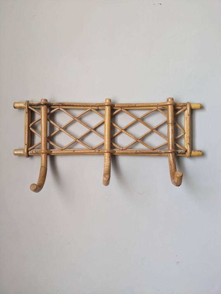 Vintage rattan wicker bamboo coat rack bohemian country decor