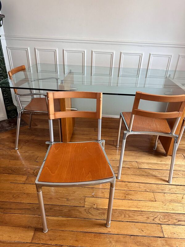 Table d’architecte italienne Segis, verre 14 mm / bois / acier, fin an