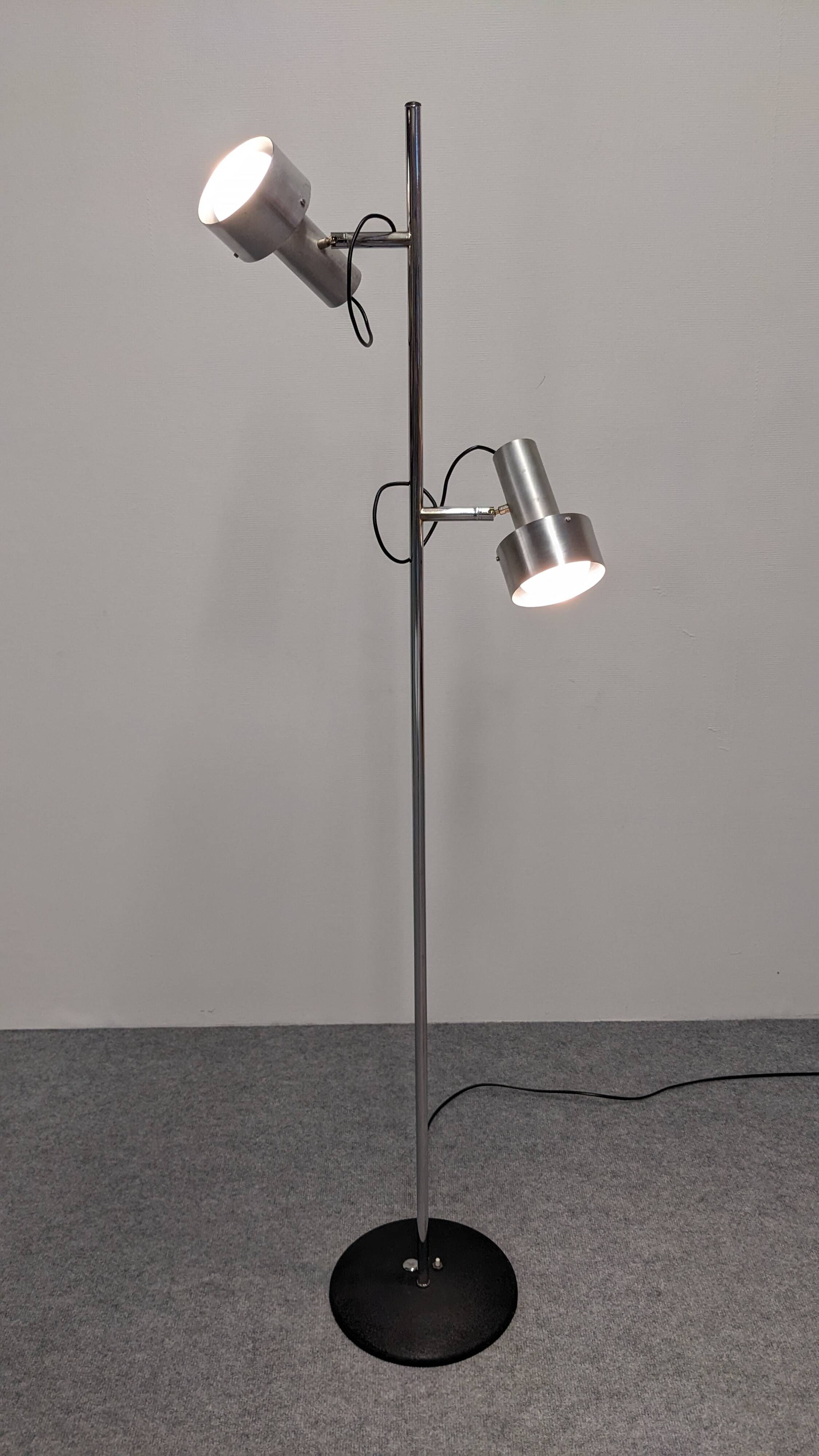Space age modernist floor lamp with 2 aluminium spots, France circa 1970.