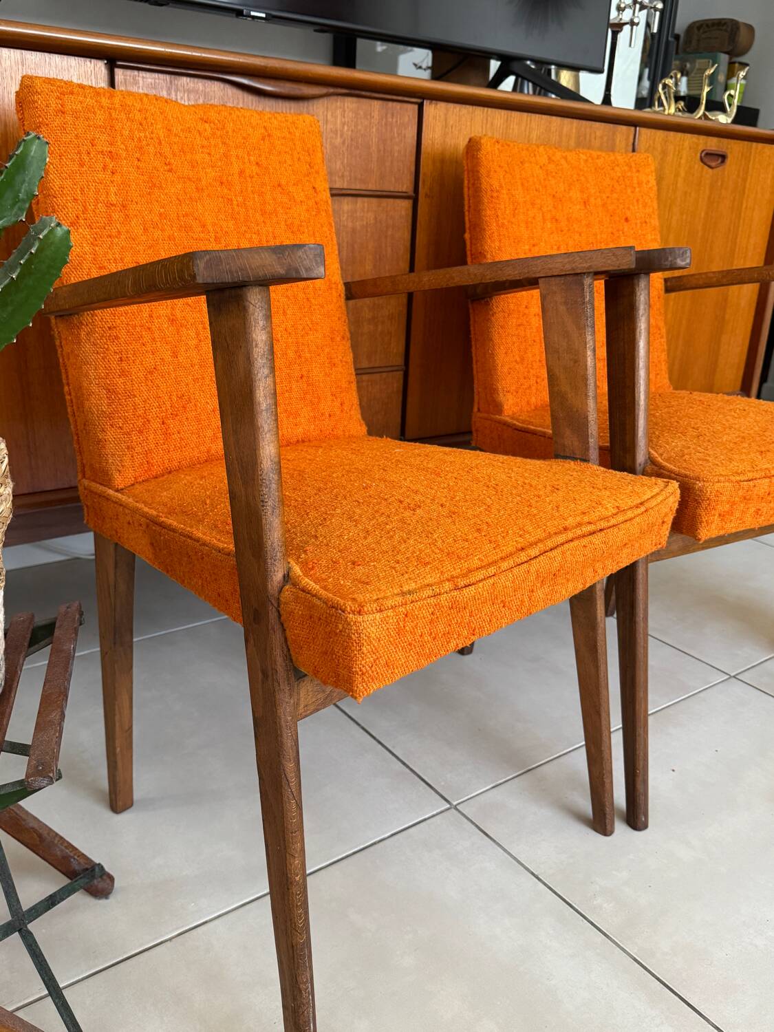 Pair of vintage 60s armchairs in wood and orange bouclé fabric