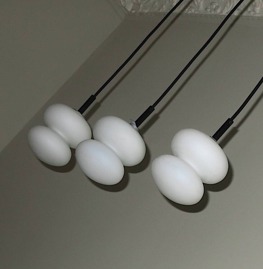 Set of 3 opal glass organically shaped pendant lights, 1960s